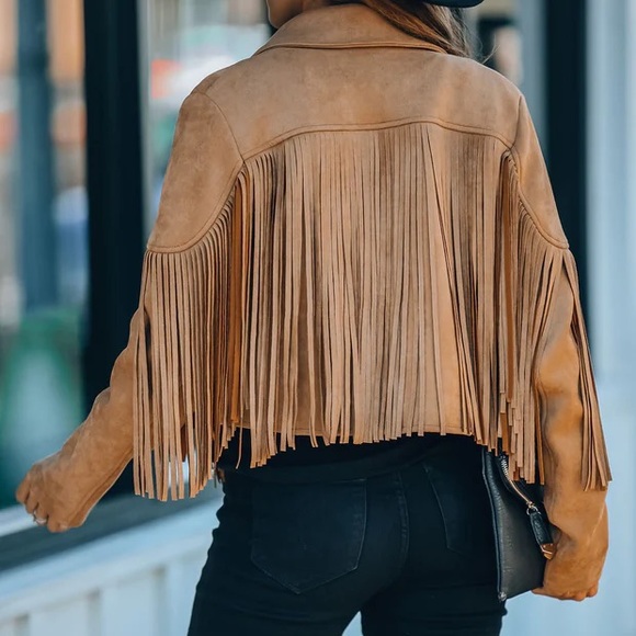Camel Suede Cropped Fringe Jacket - Picture 2 of 5